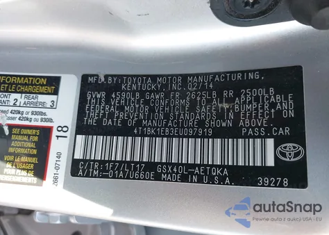 2014 Toyota Avalon Xle Touring z USA, uszkodzony, nr VIN 4T1BK1EB3EU097919